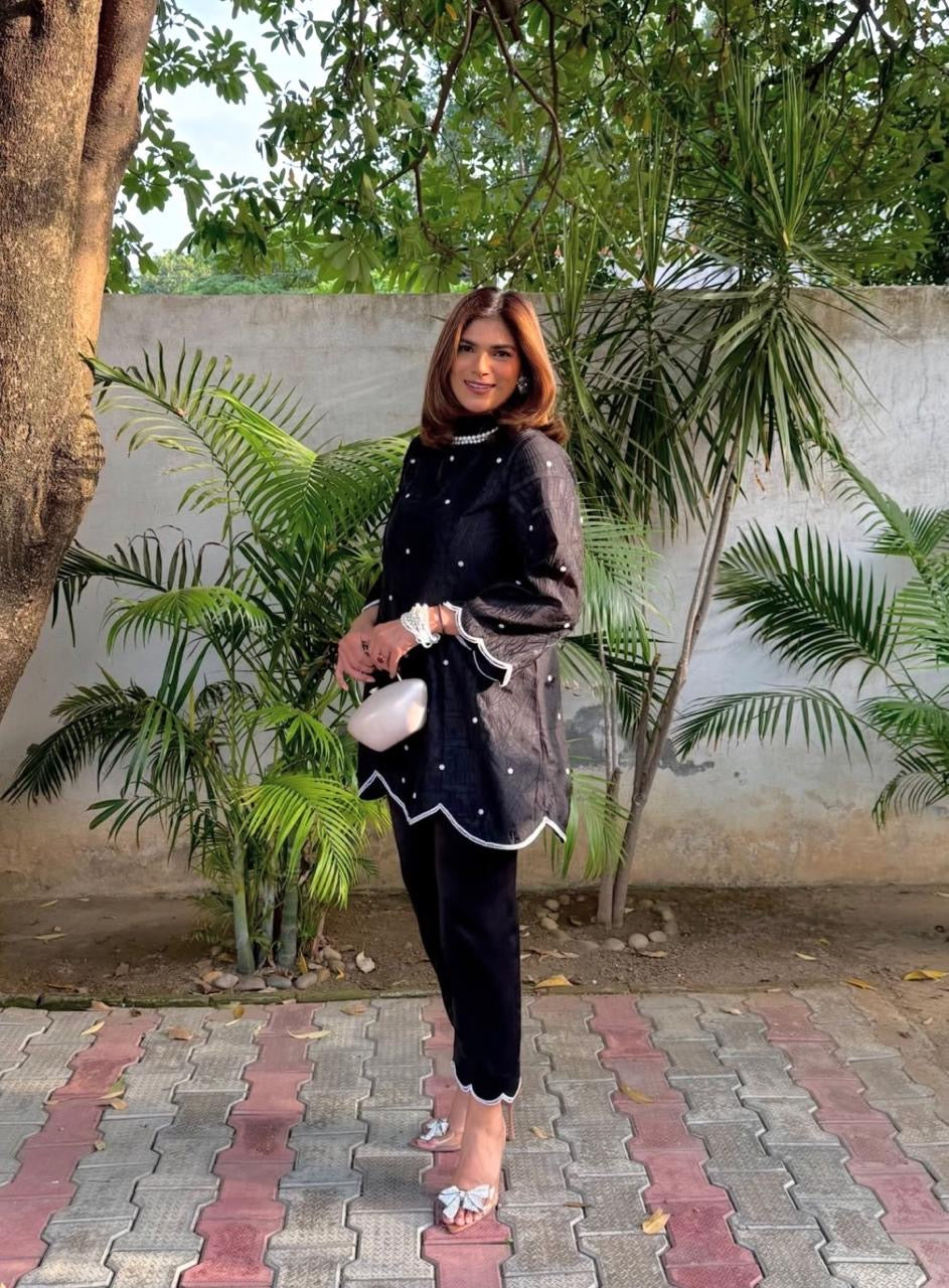 Black Tissue Scalloped Tunic with Satin Pants
