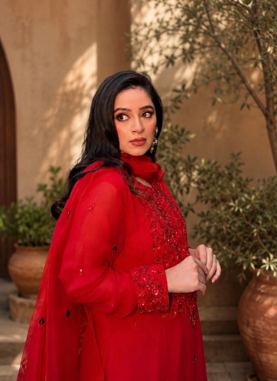 Red Georgette Embroidered Anarkali Suit