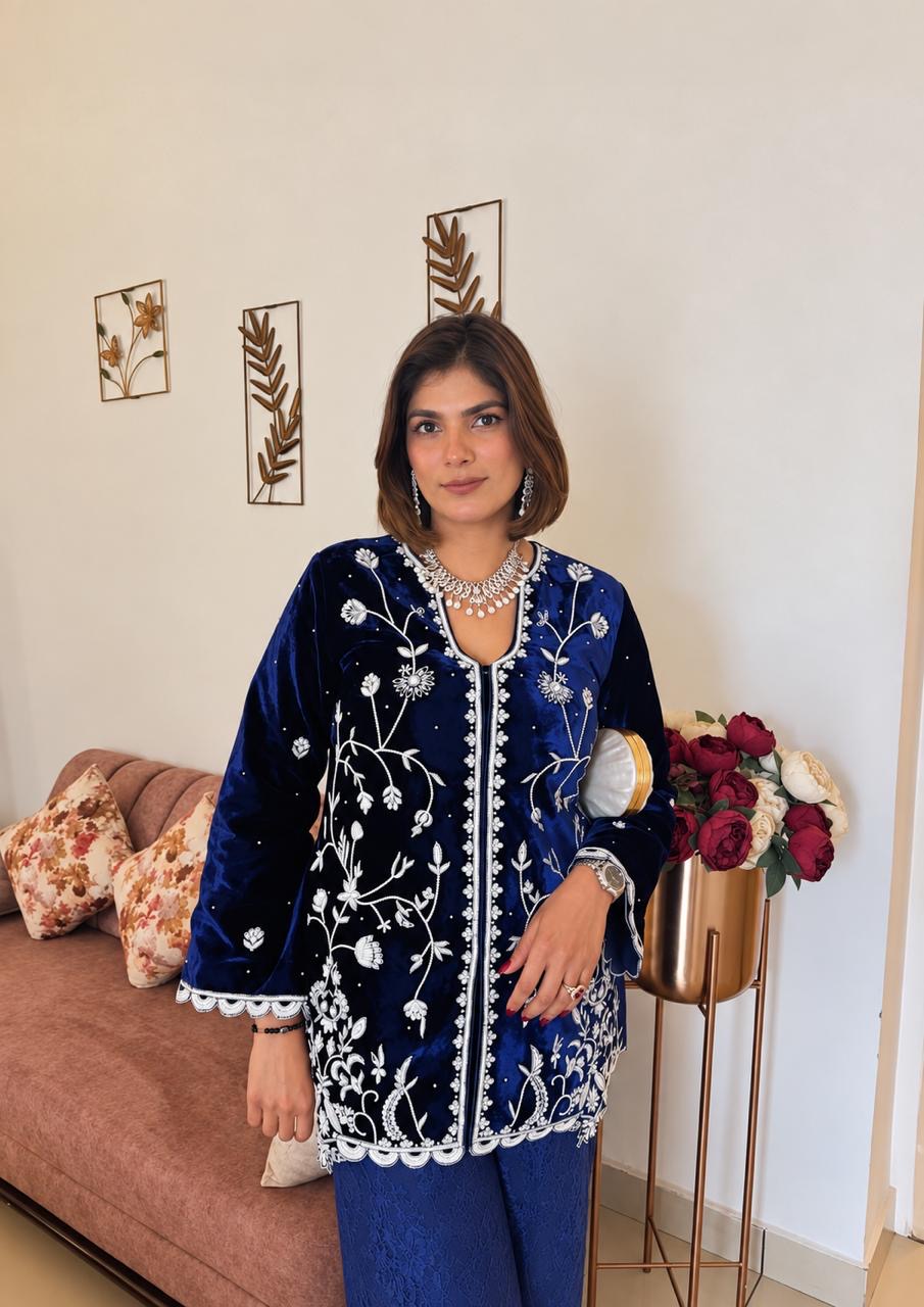 Navy Blue Velvet Kurta Set