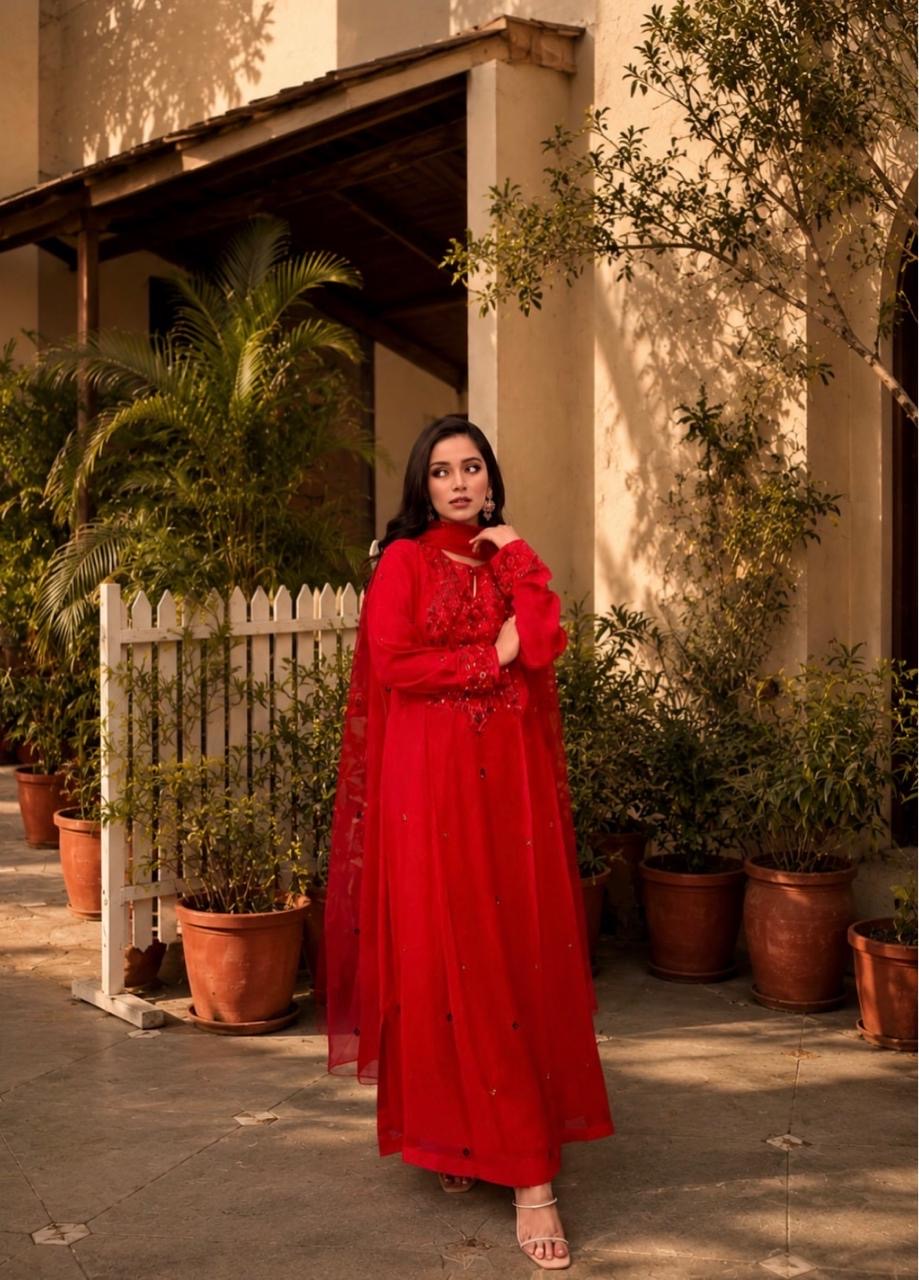 Red Georgette Embroidered Anarkali Suit