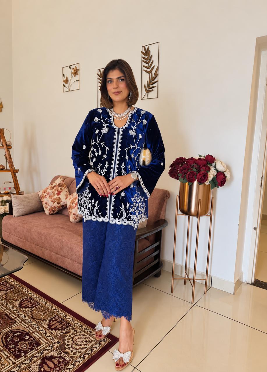Navy Blue Velvet Kurta Set