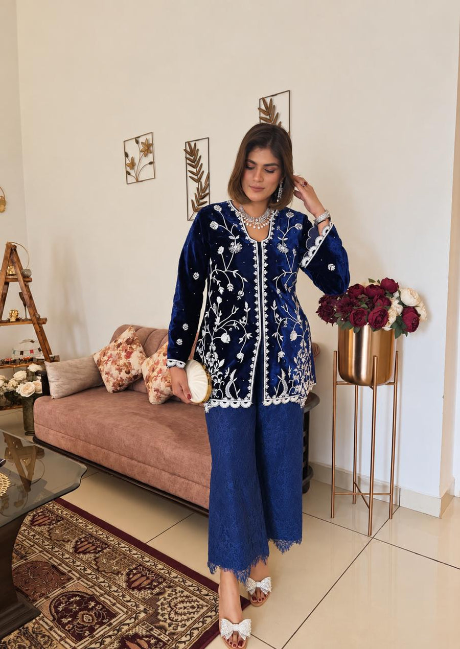 Navy Blue Velvet Kurta Set