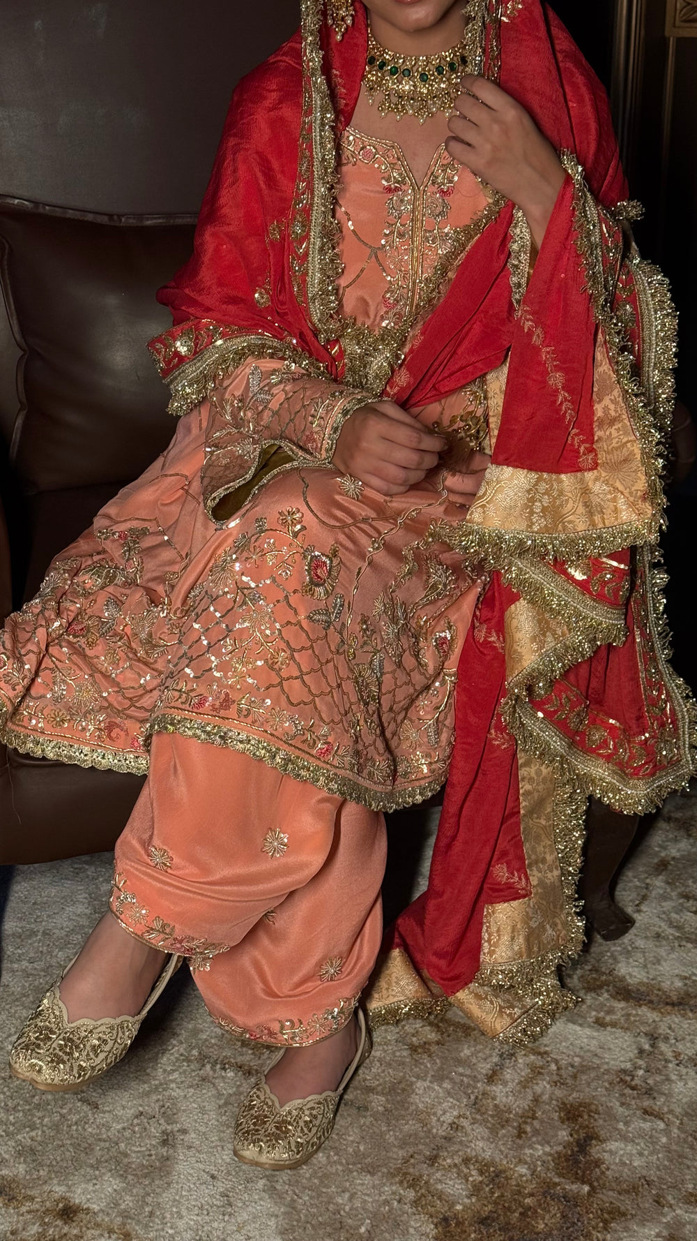 Peach Zari Jaal Crepe Suit Set
