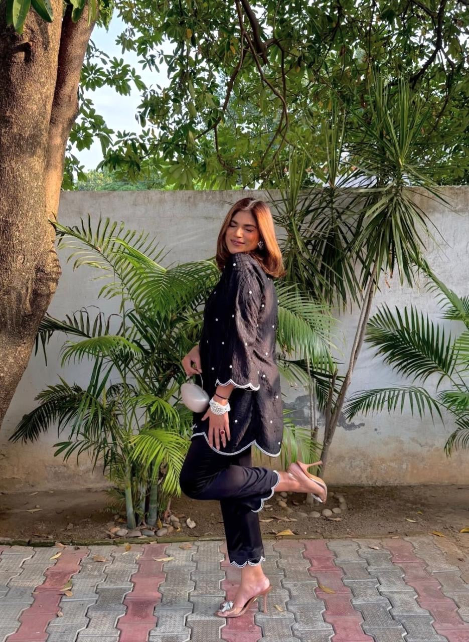 Black Tissue Scalloped Tunic with Satin Pants