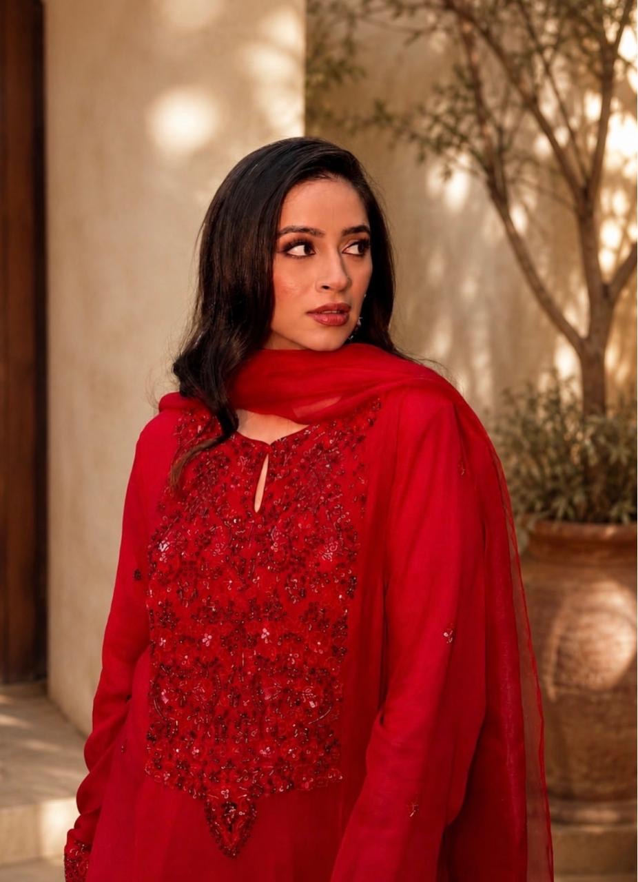 Red Georgette Embroidered Anarkali Suit