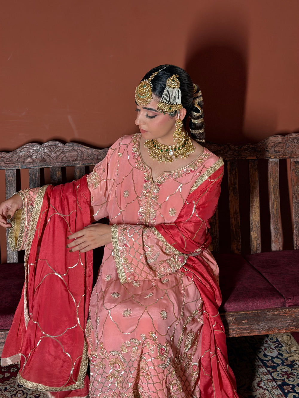 Peach Zari Jaal Crepe Suit Set
