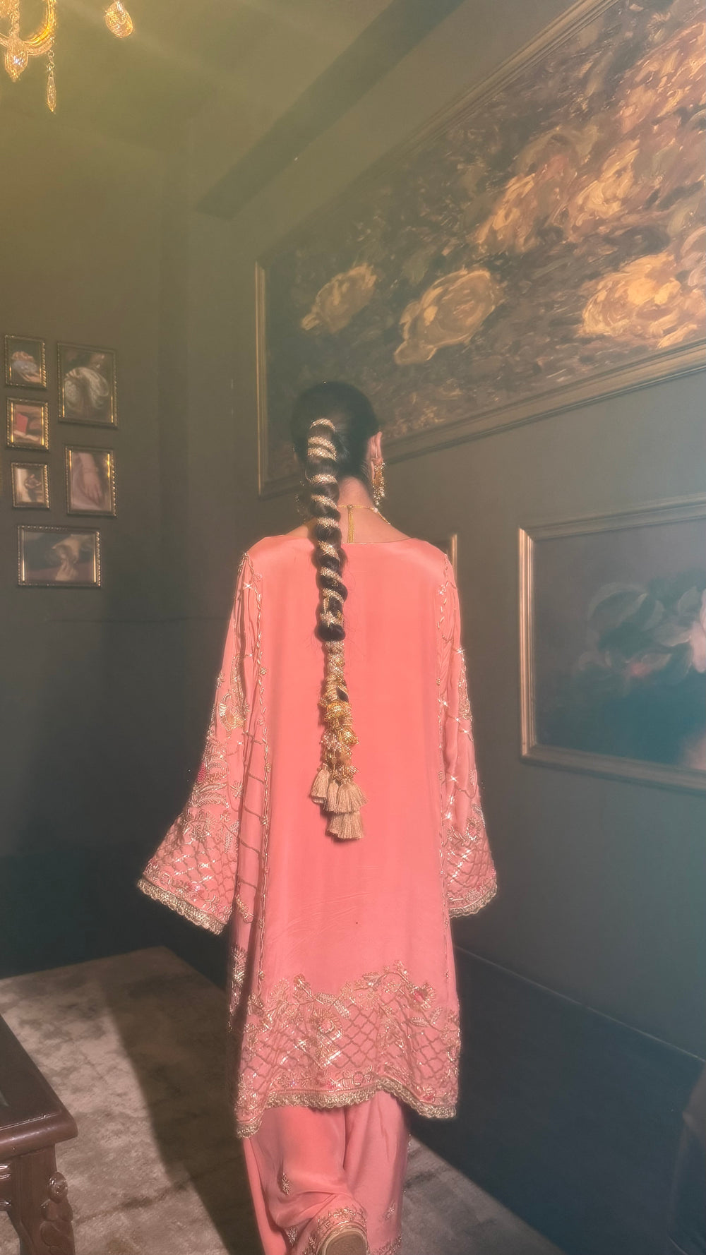 Peach Zari Jaal Crepe Suit Set